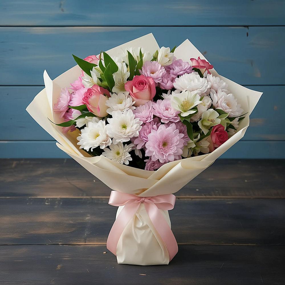 Букет цветов из: Хризантемы, Альстромерии и Розы в Глотовке